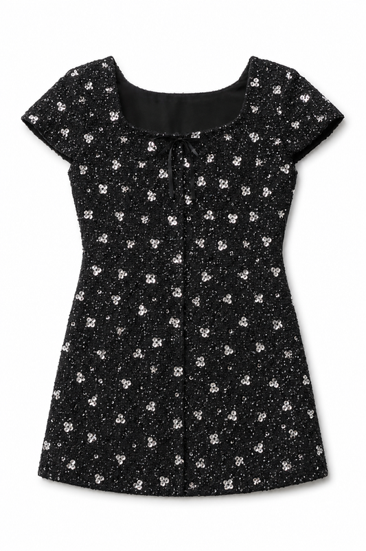 Zoe Black With Silver Flowers Sequin Boucle Cap Sleeve