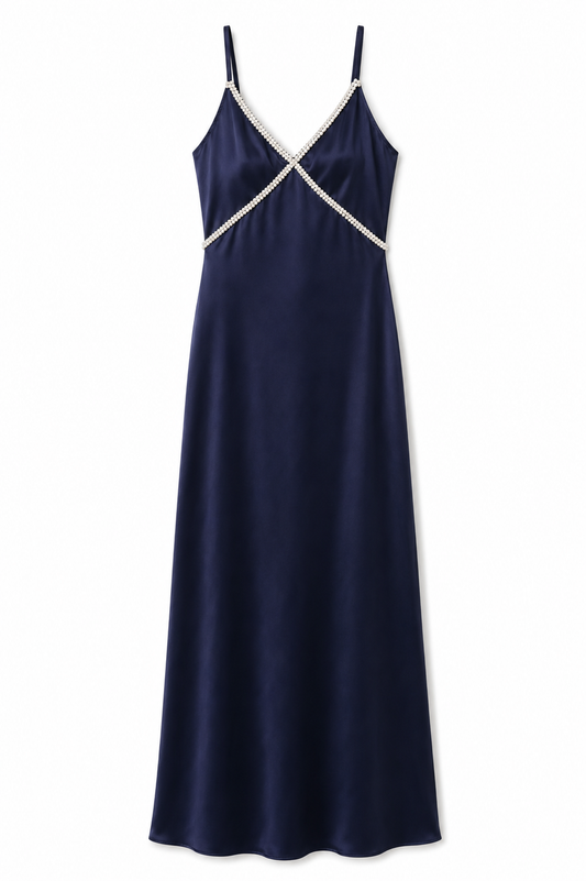 Miller Navy Satin Maxi Dress With Lace Trim
