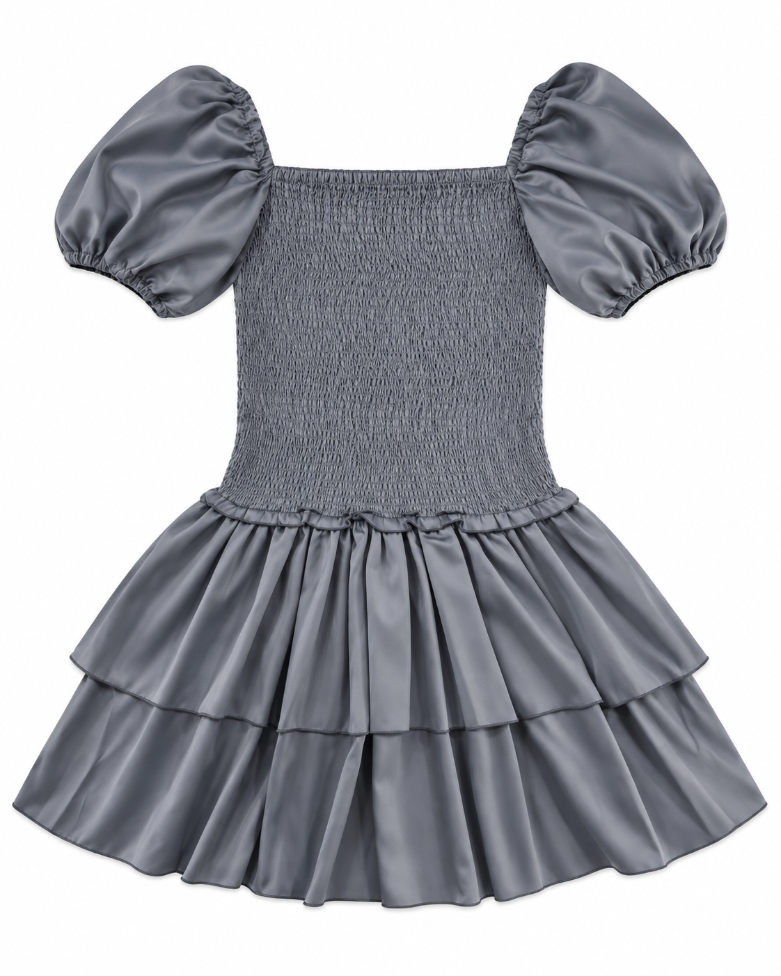 Lexi Metal Satin Smocked Short Sleeve Ruffle Dress