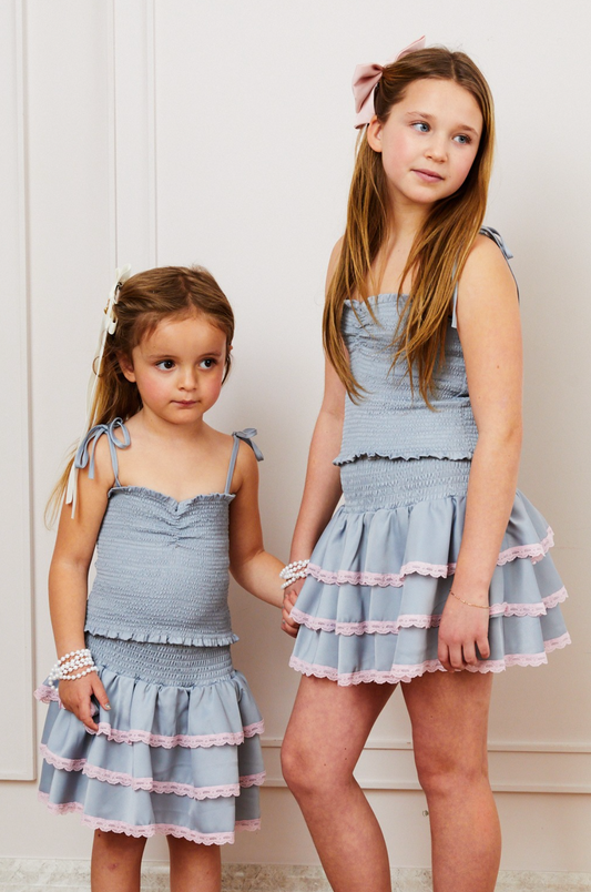 Gemma Satin Grey Mini Skirt with Pink Lace