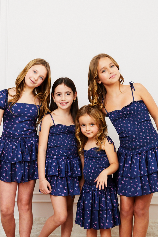 Georgia Navy Rose Satin Smocked Top