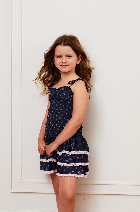 Gemma Satin Black Rose Mini Skirt with Pink Lace