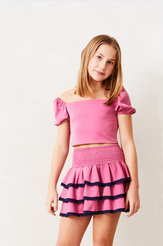 Gemma Satin Rose Mini Skirt with Navy Lace