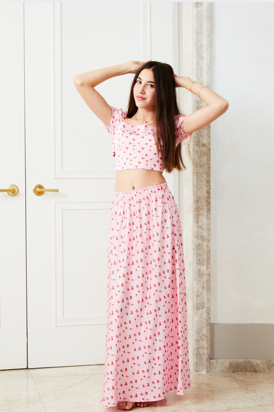 Noa Satin Pink with Red Rose TIe Back Top 25