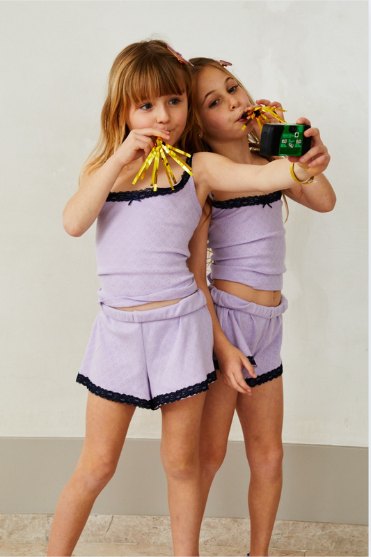 Lizzie Lavender Heart Pointelle Tank with Navy Lace