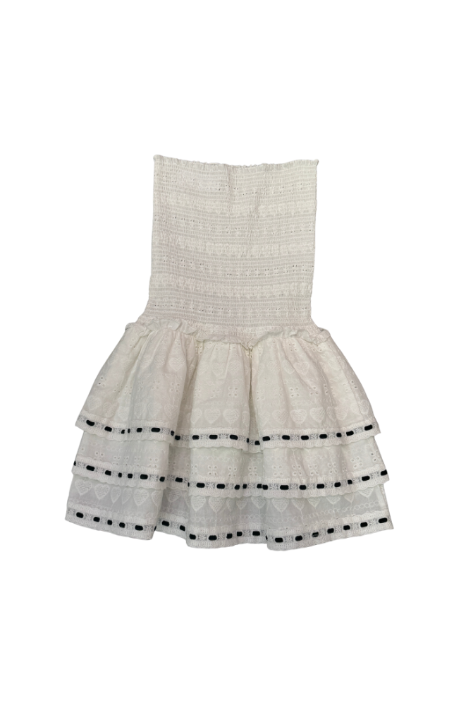 Sage White Heart & Flower Eyelet With Black Ribbon Smocked Ruffle Dress