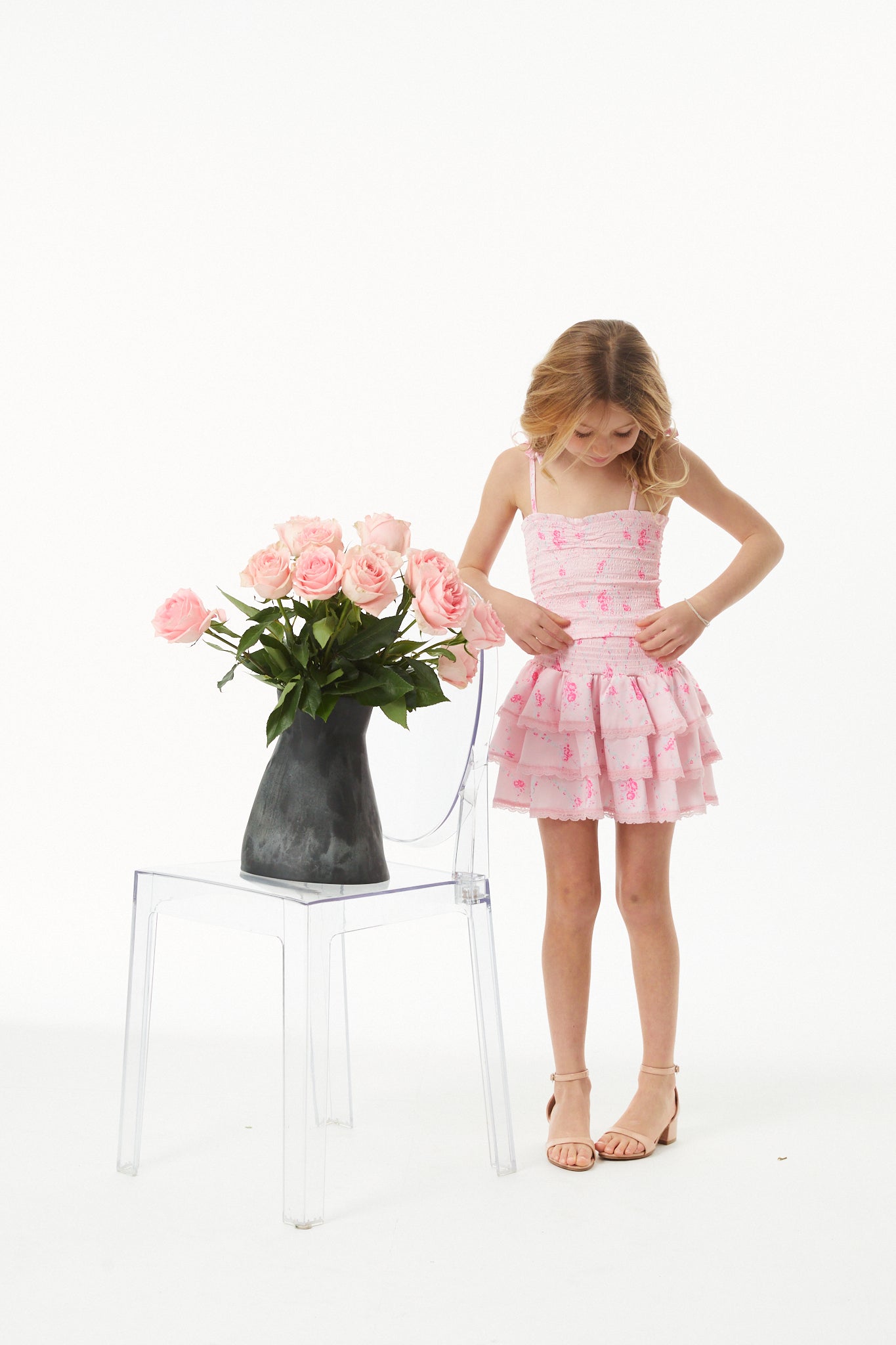 Gemma Vintage Rose Ballet Pink With Pink Lace Satin Smocked Ruffle Mini Skirt