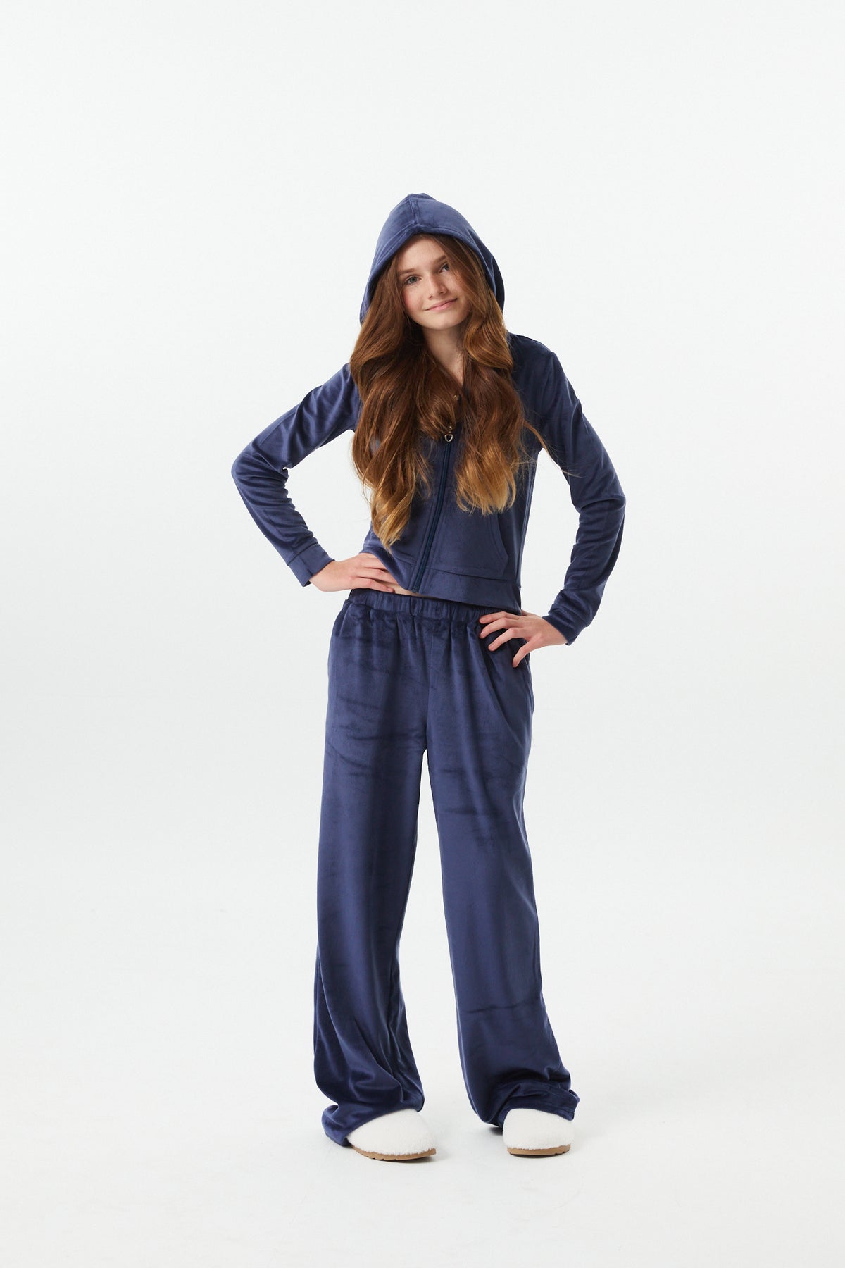 Ash Navy Stretch Velour Wide Leg Pant