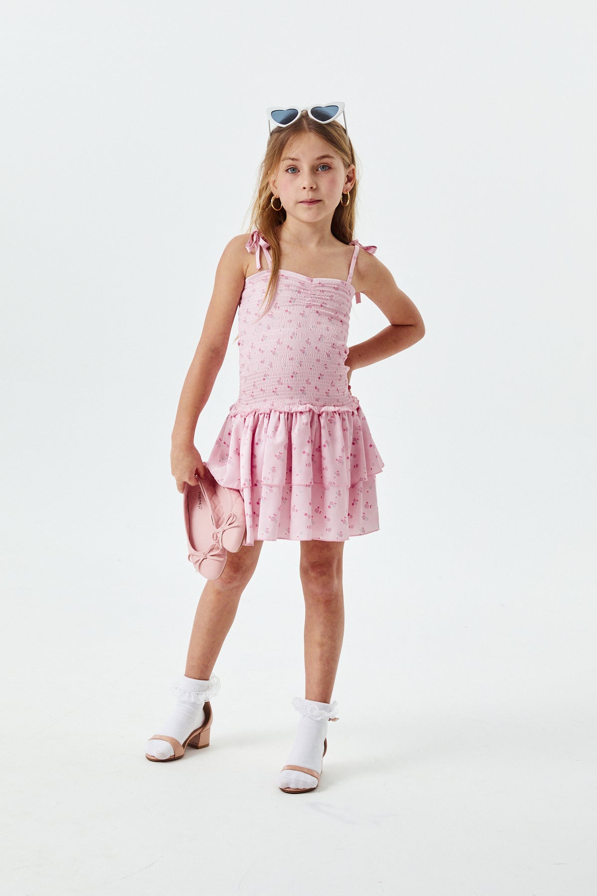 Lola Theme Ditsy Ballet Pink Satin Smocked Ruffle Dress