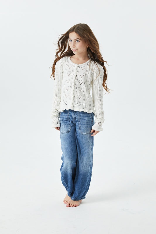 Ayla Creamy White Pointelle Knit Hearts Cardigan