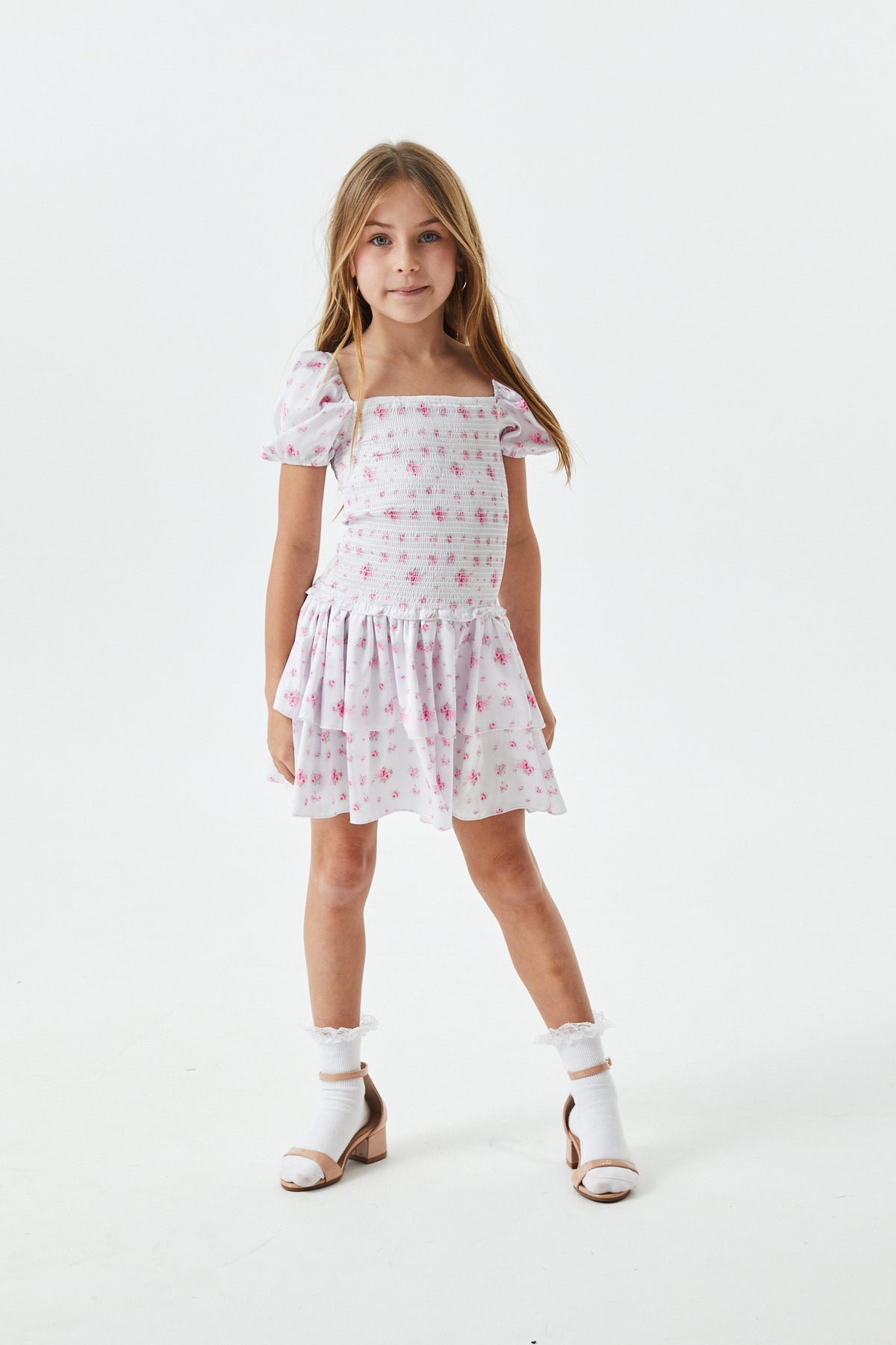 Lexi English Rose - Resort Satin Smocked Short Sleeve Ruffle Dress