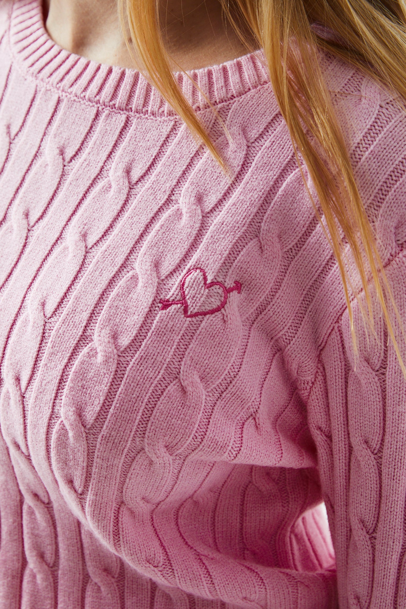 Leighton Light Pink Cable Knit Sweater Cable Knit Pullover With Heart Arrow Embroidery