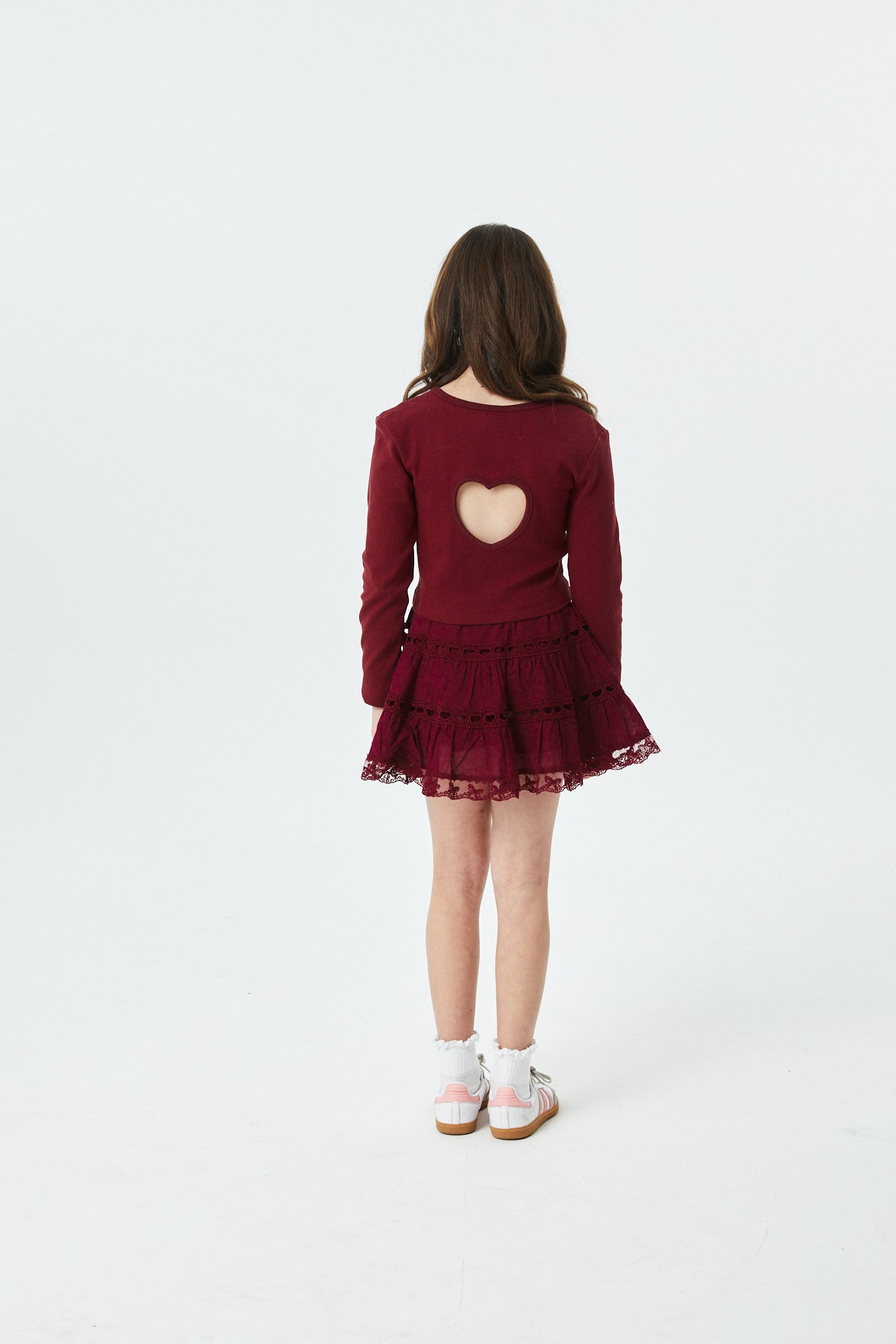 Sophia Merlot Cotton Lace Heart Bow Lace Mini Skirt