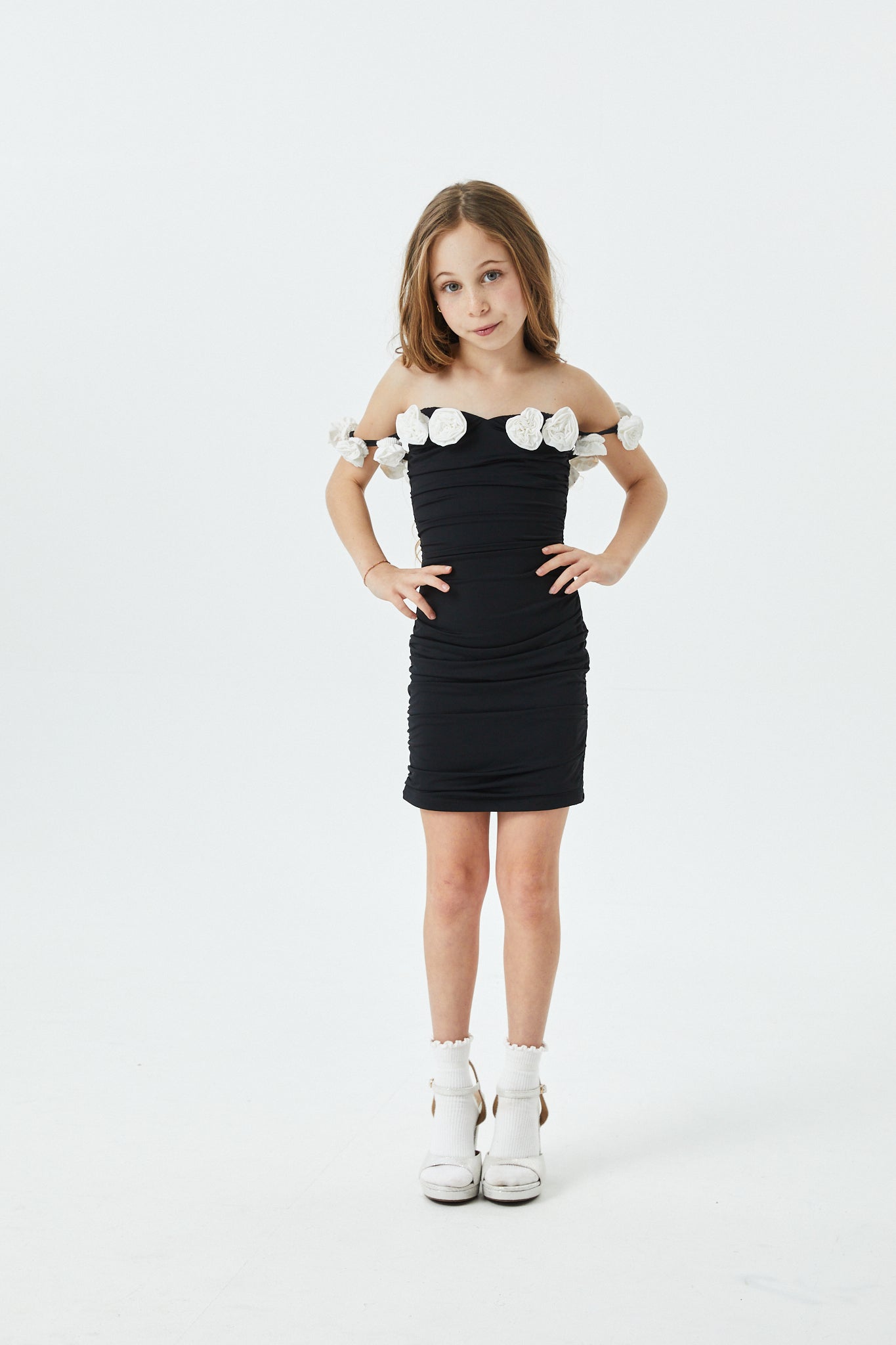 Cameron Black With White Roses Rose Off the Shoulder Mini Dress