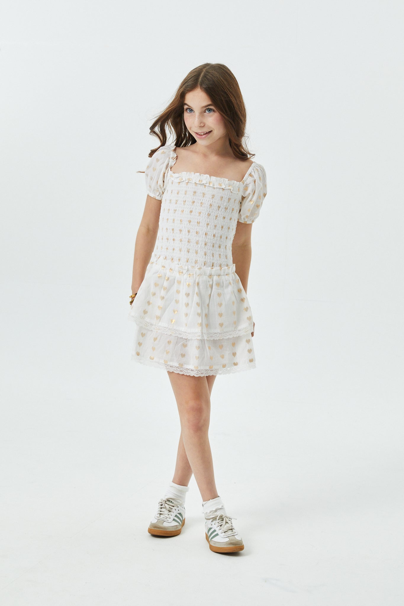 Lexi White Heart Lurex Smocked Short Sleeve Ruffle Dress