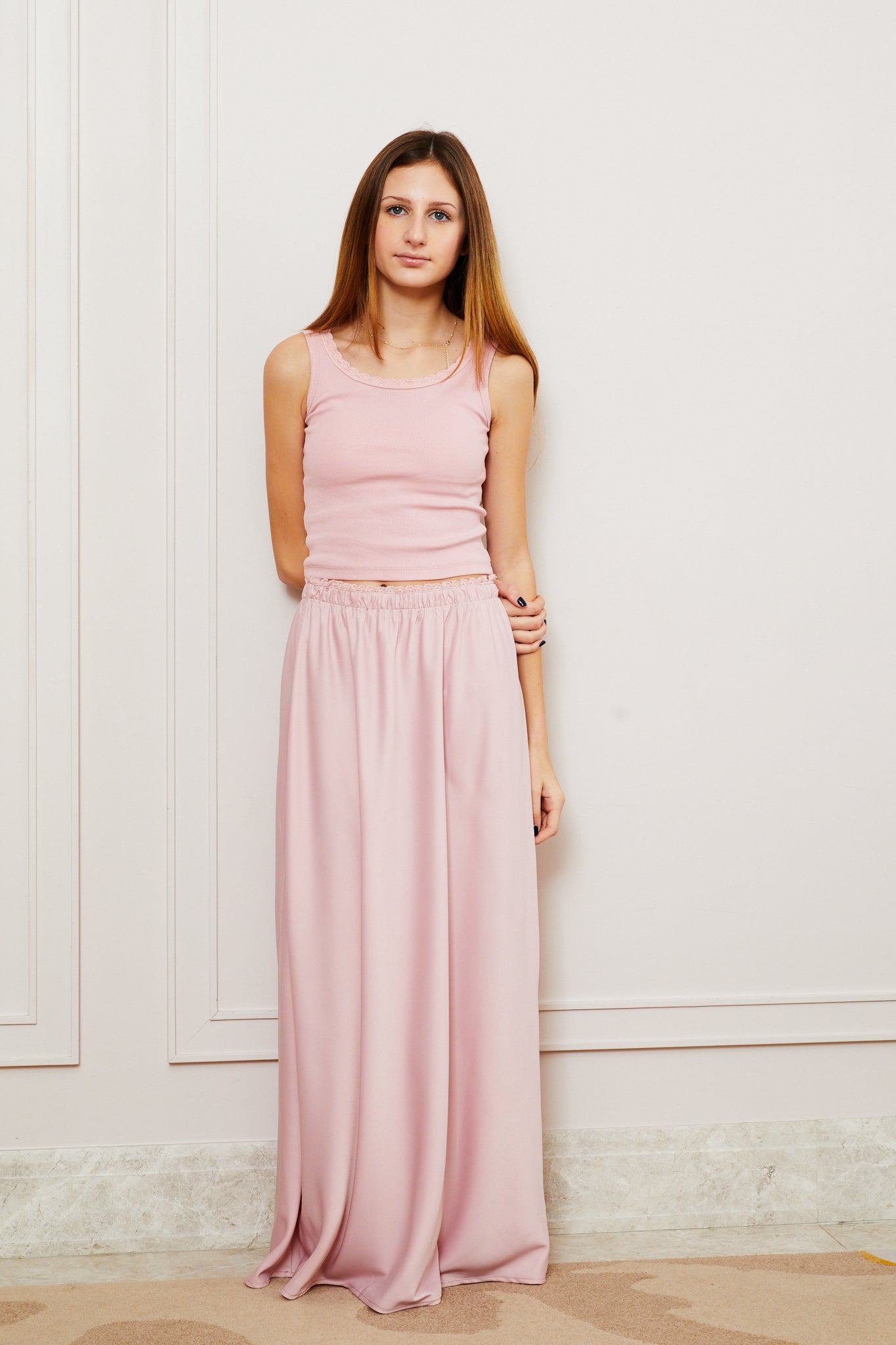 Stella Ribbed Tank - Ballet Pink with Lace Trim