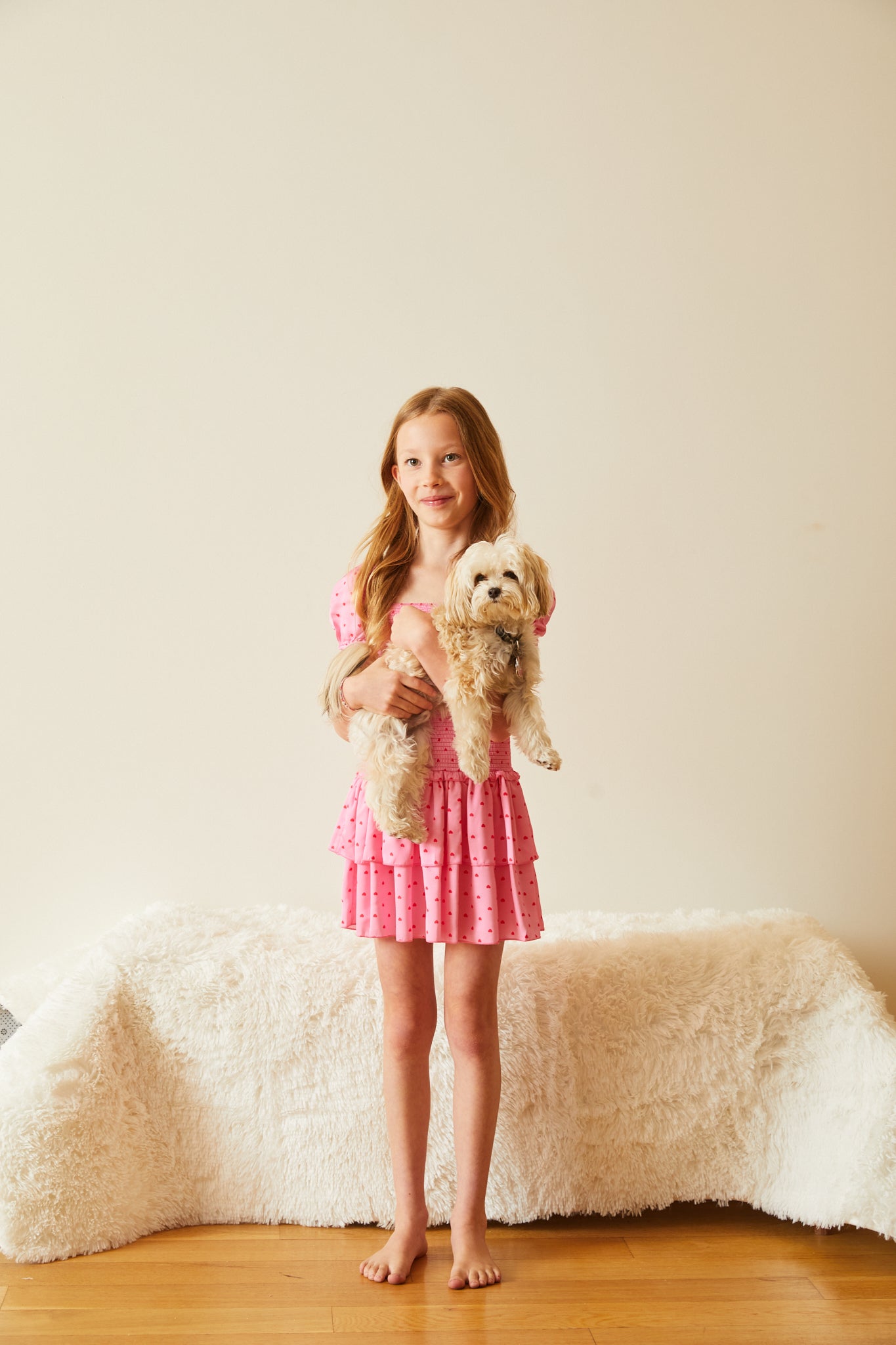 Lexi Pink With Red Hearts Satin Smocked Short Sleeve Ruffle Dress