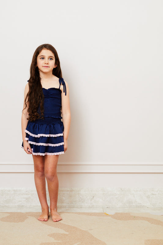 Georgia Navy Satin Smocked Top