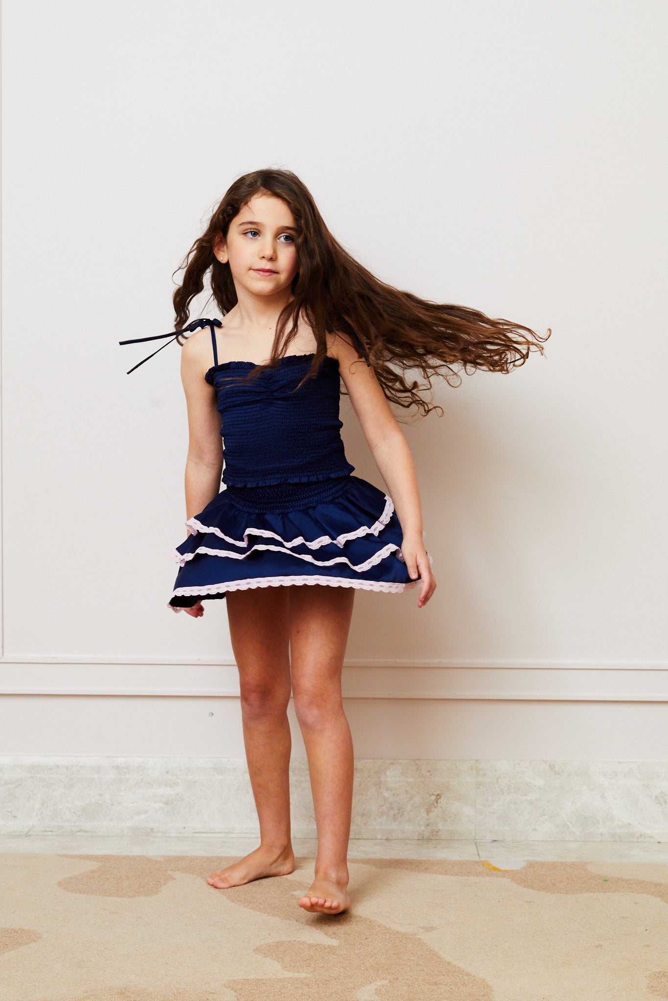 Georgia Navy Satin Smocked Top