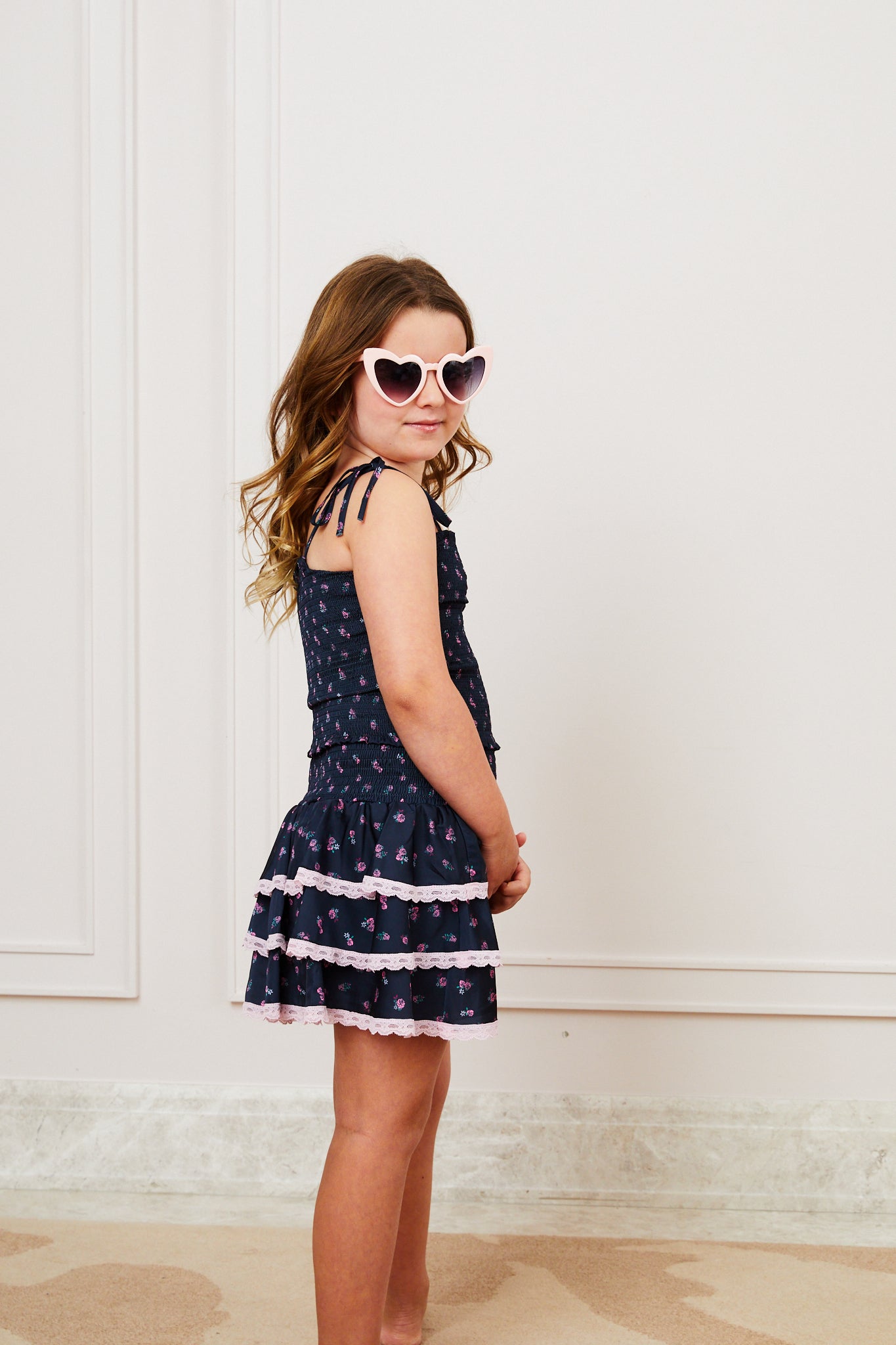 Gemma Satin Black Rose Mini Skirt with Pink Lace