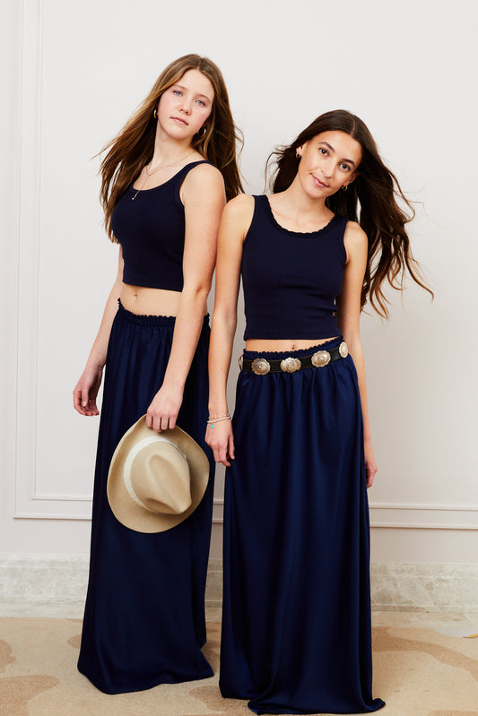 Stella Ribbed Tank - Navy with Lace Trim