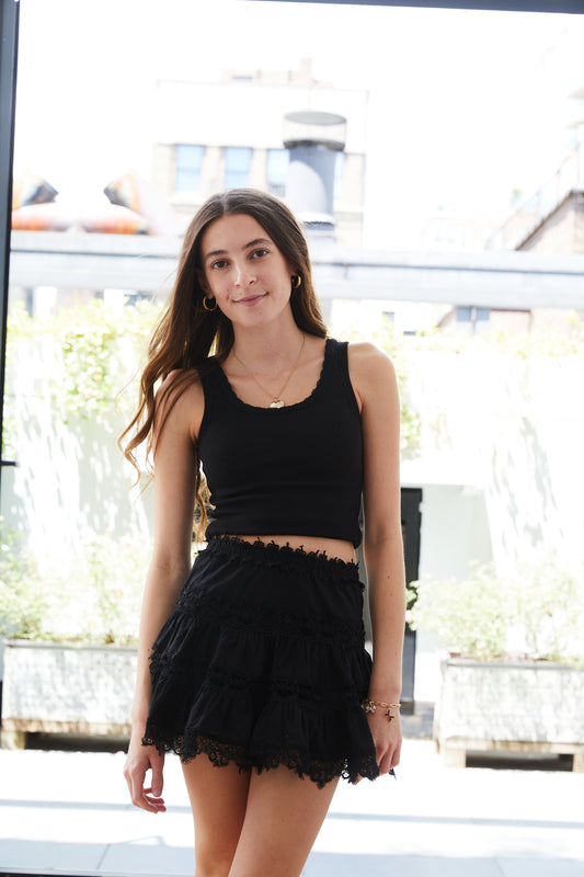 Stella Black Ribbed Tank Lace Trim
