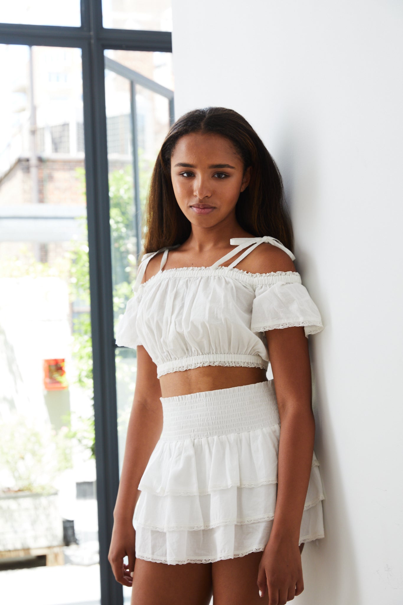 Gemma White Dot Smocked Ruffle Mini Skirt