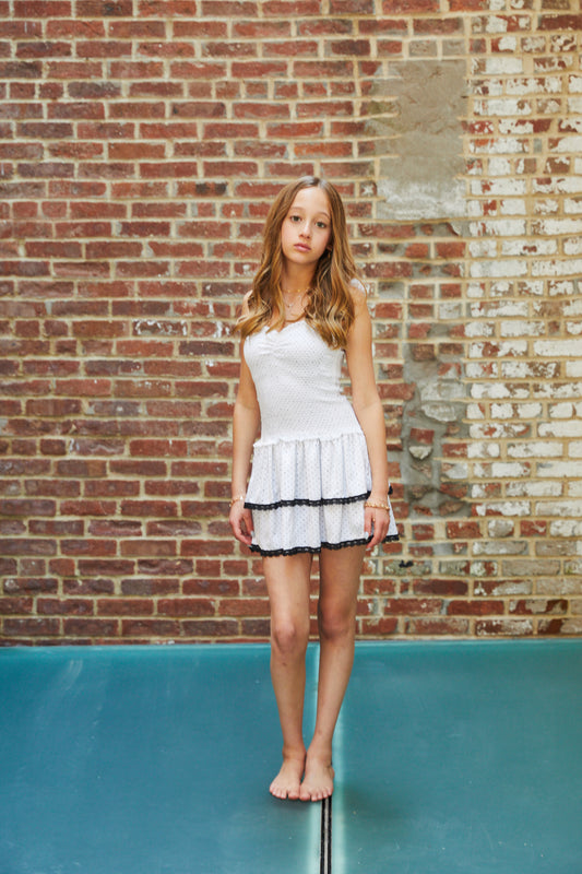 Lola Heart Polka Dot Satin Smocked Ruffle Dress