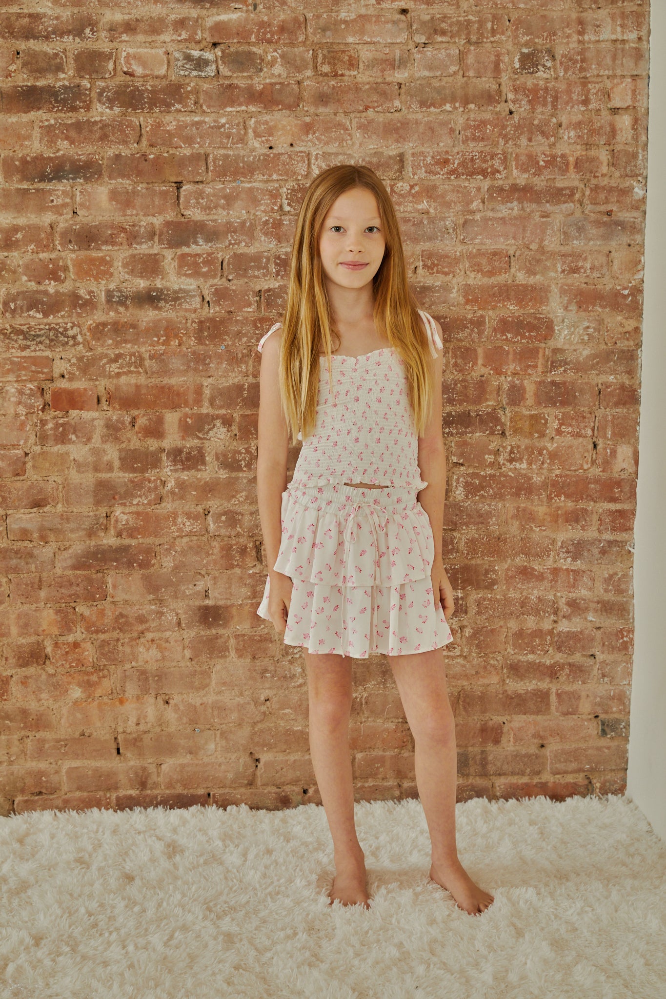 Georgia White With Pastel Pink Ditsy Satin Smocked Top