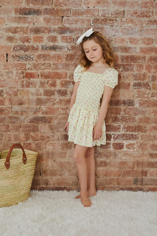 Lexi Pastel Yellow Ditsy Satin Smocked Short Sleeve Ruffle Dress