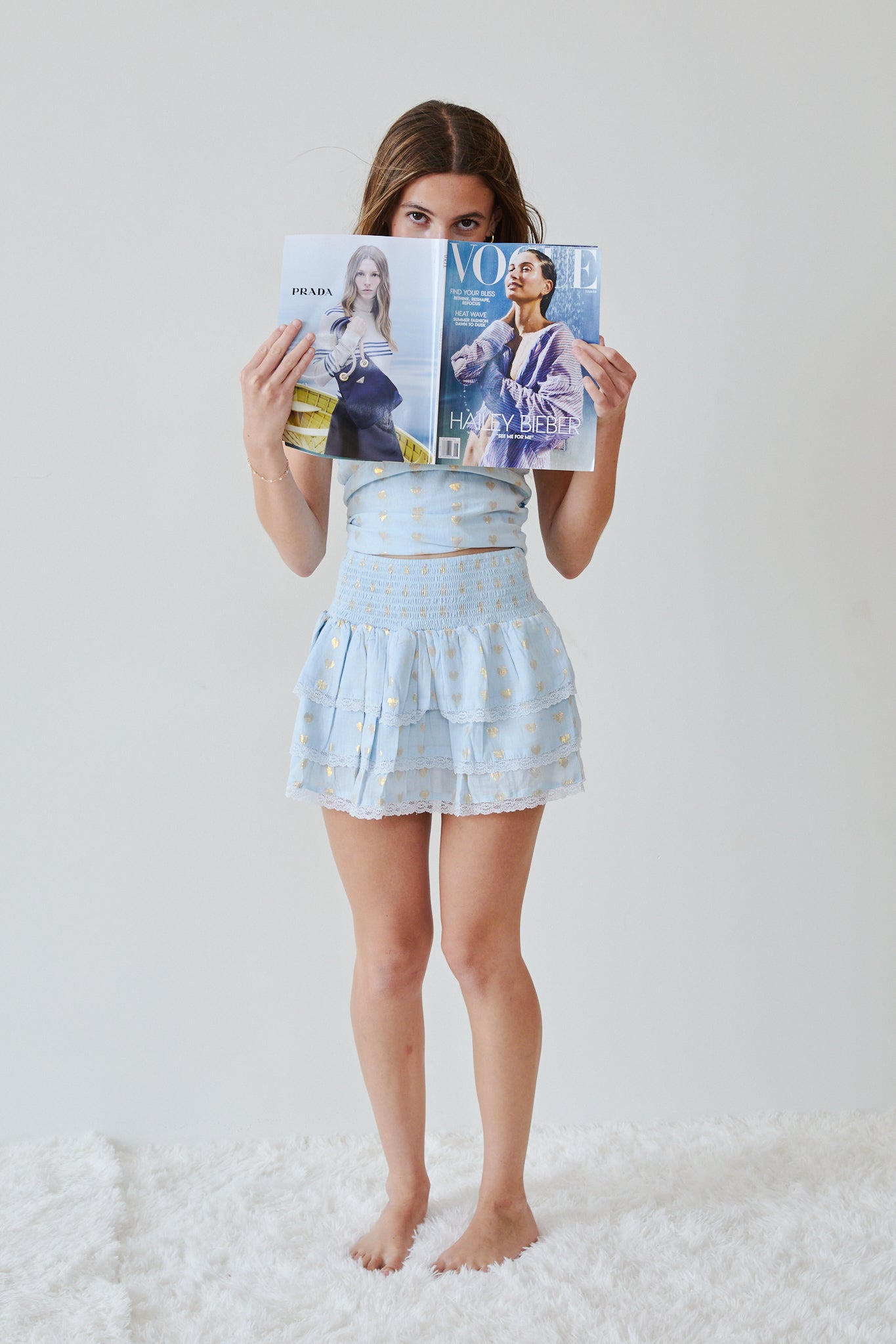 Gemma Pastel Blue With Blue Lace Heart Lurex Smocked Ruffle Mini Skirt