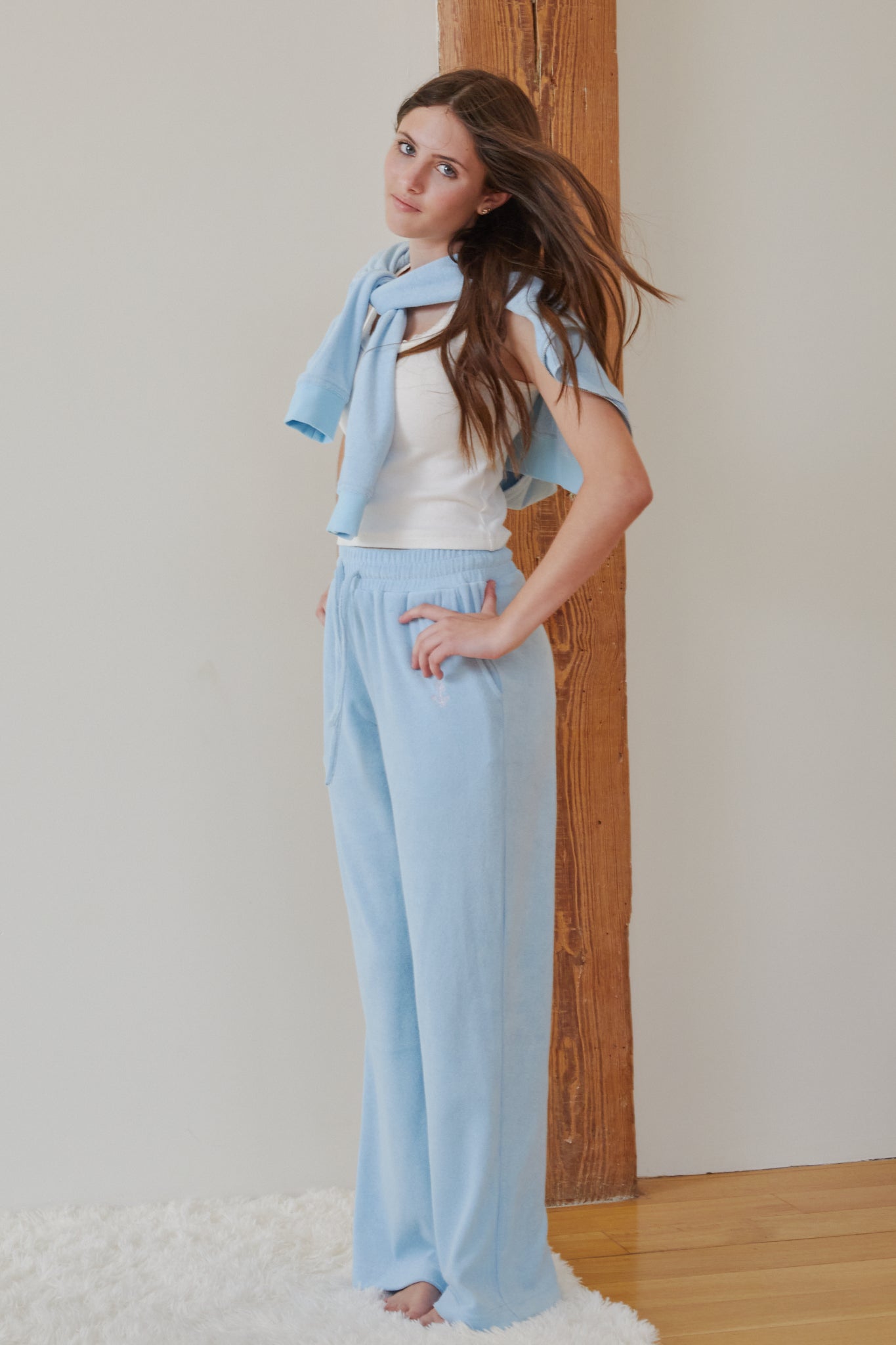 Ash Blue With Anchor Terry Wide Leg Pant