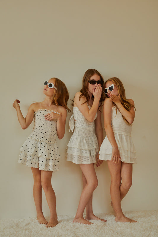Sage White Dot Smocked Ruffle Dress