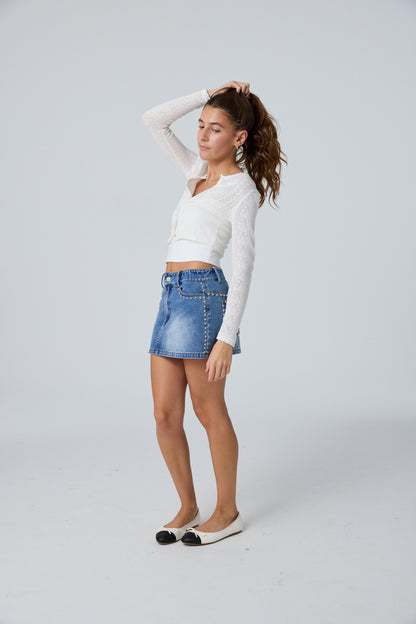 Cooper Light Wash Denim With Studs Skirt