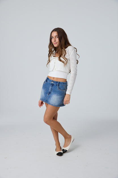 Cooper Light Wash Denim With Studs Skirt