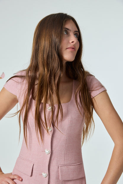 KDR68-1 Zoe Pink Cap Sleeve Button Down Dress