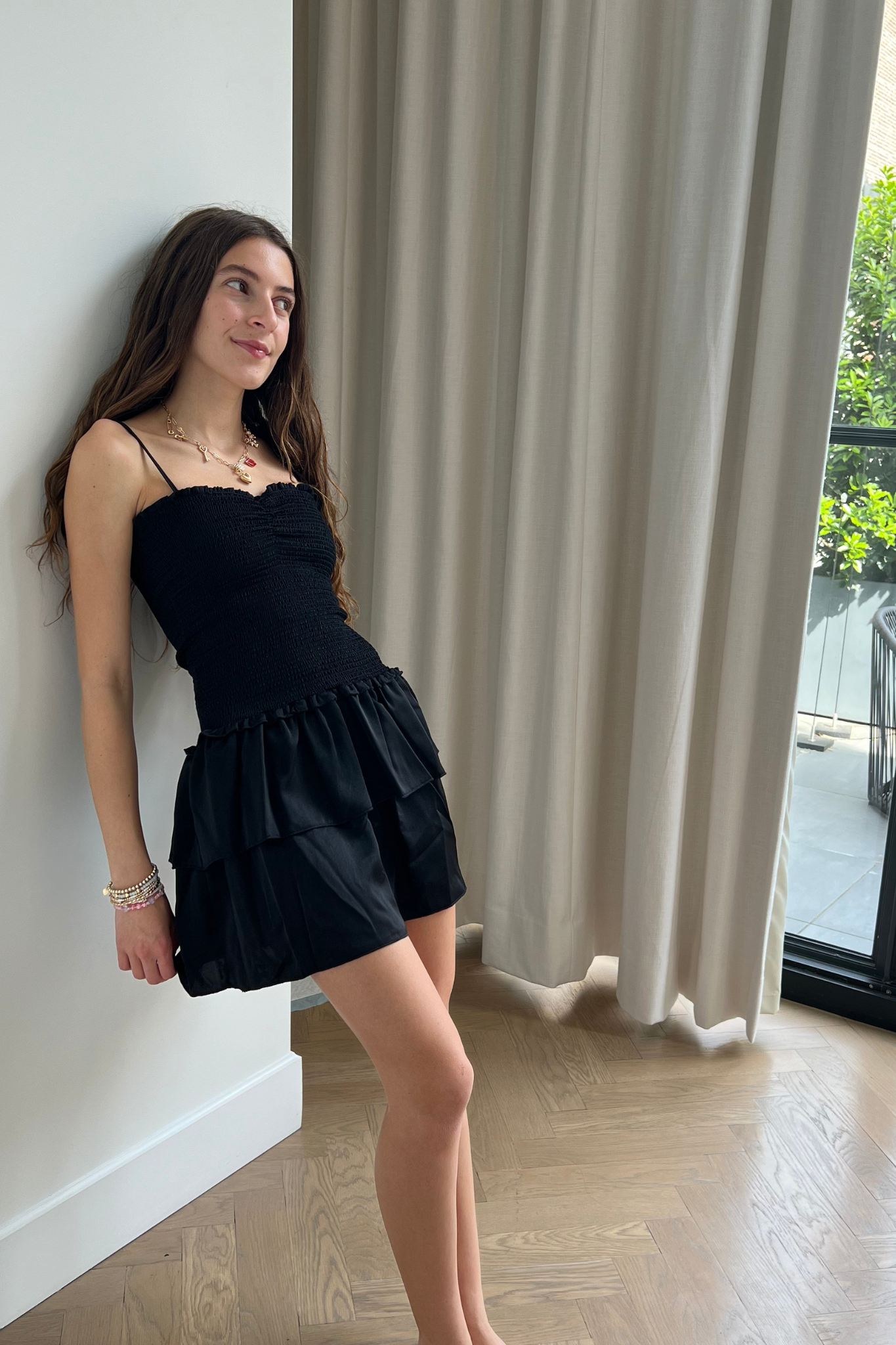 Lola Black Satin Smocked Ruffle Dress