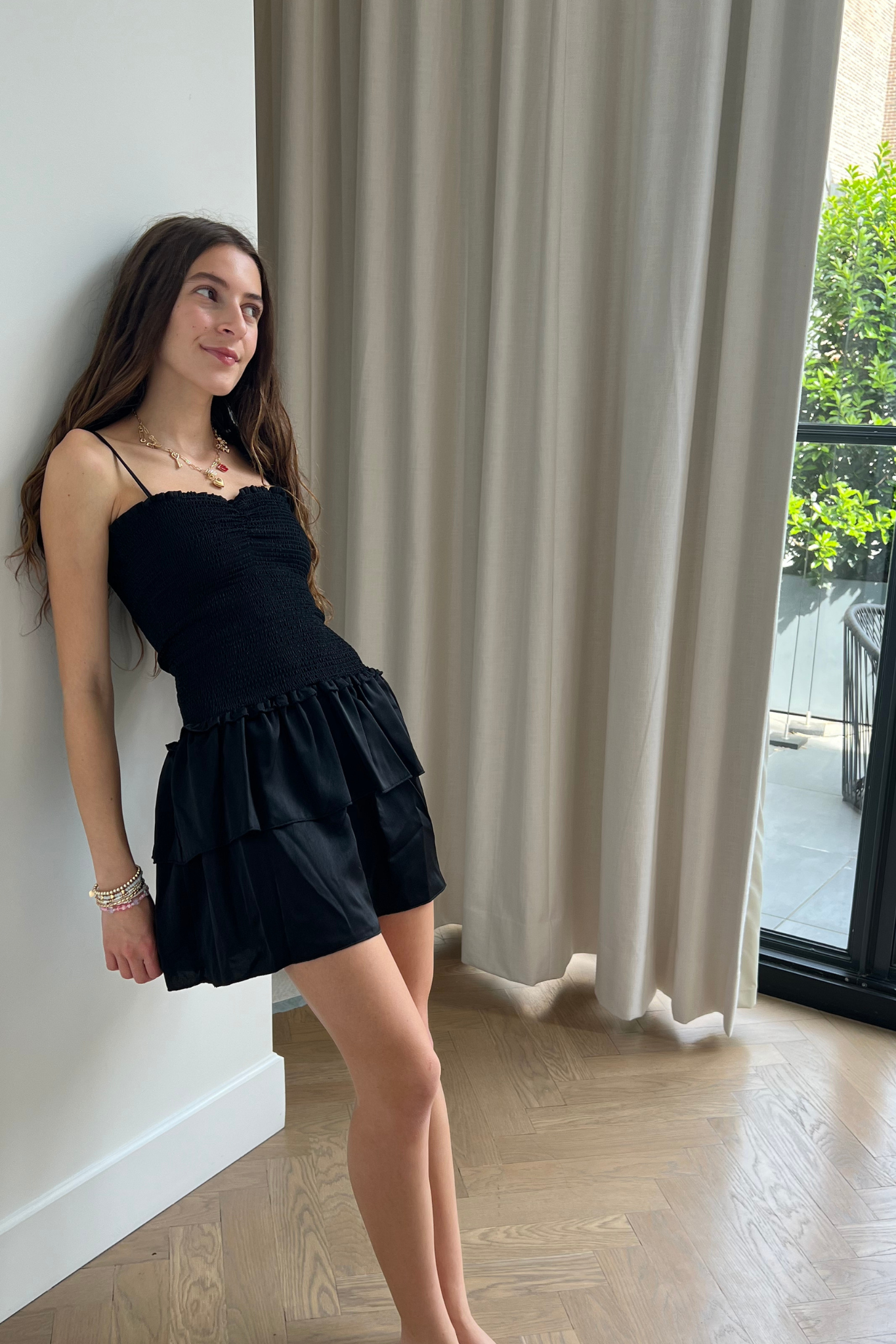 Lola Black Satin Smocked Ruffle Dress