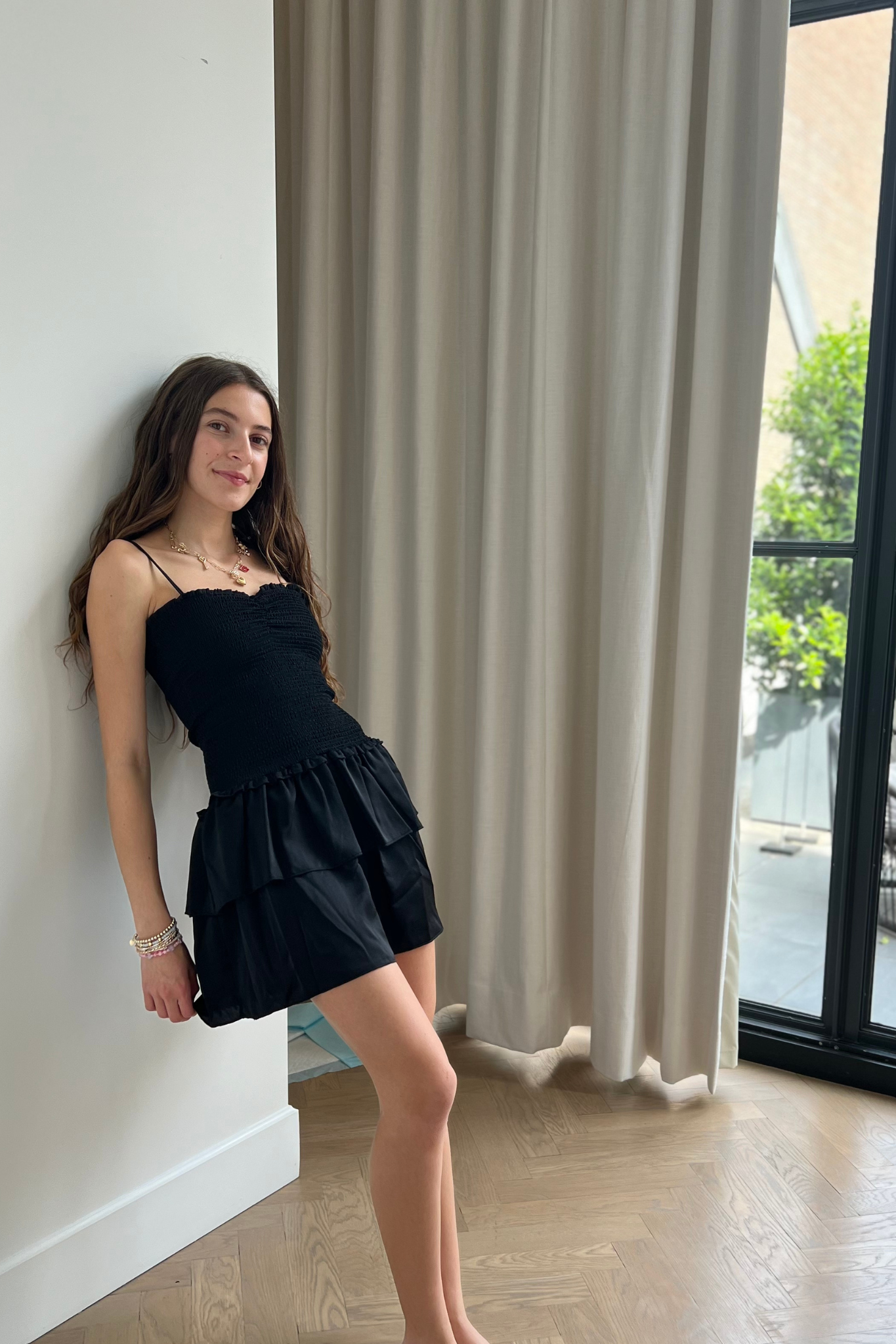 Lola Black Satin Smocked Ruffle Dress
