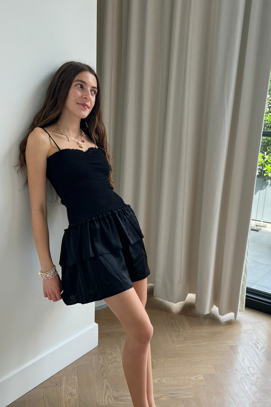 Lola Black Satin Smocked Ruffle Dress