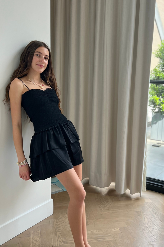 Lola Black Satin Smocked Ruffle Dress