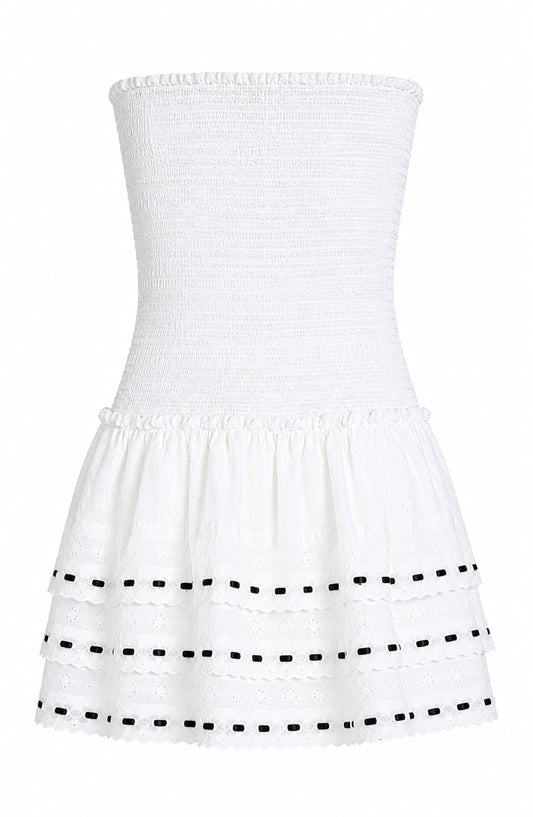 Sage White Heart & Flower Eyelet With Black Ribbon Smocked Ruffle Dress