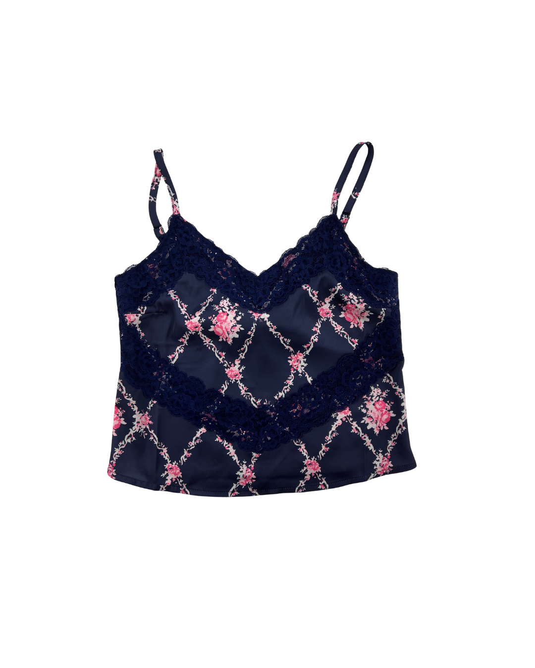 Margot Vintage Rose Navy With Navy Lace Satin Tank With Lace Trim