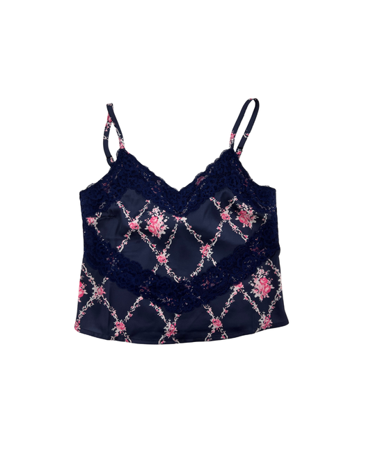 Margot Vintage Rose Navy With Navy Lace Satin Tank With Lace Trim