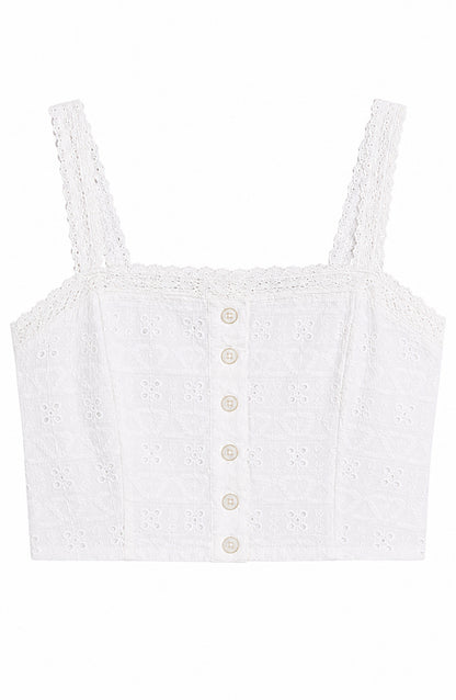 Skylar White Heart & Flower Eyelet With White Ribbon Tank Top