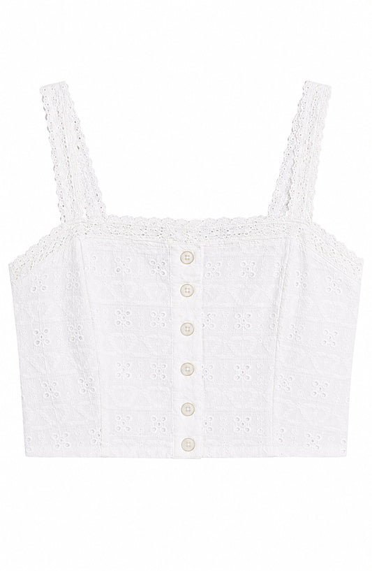 Skylar White Heart & Flower Eyelet With White Ribbon Tank Top