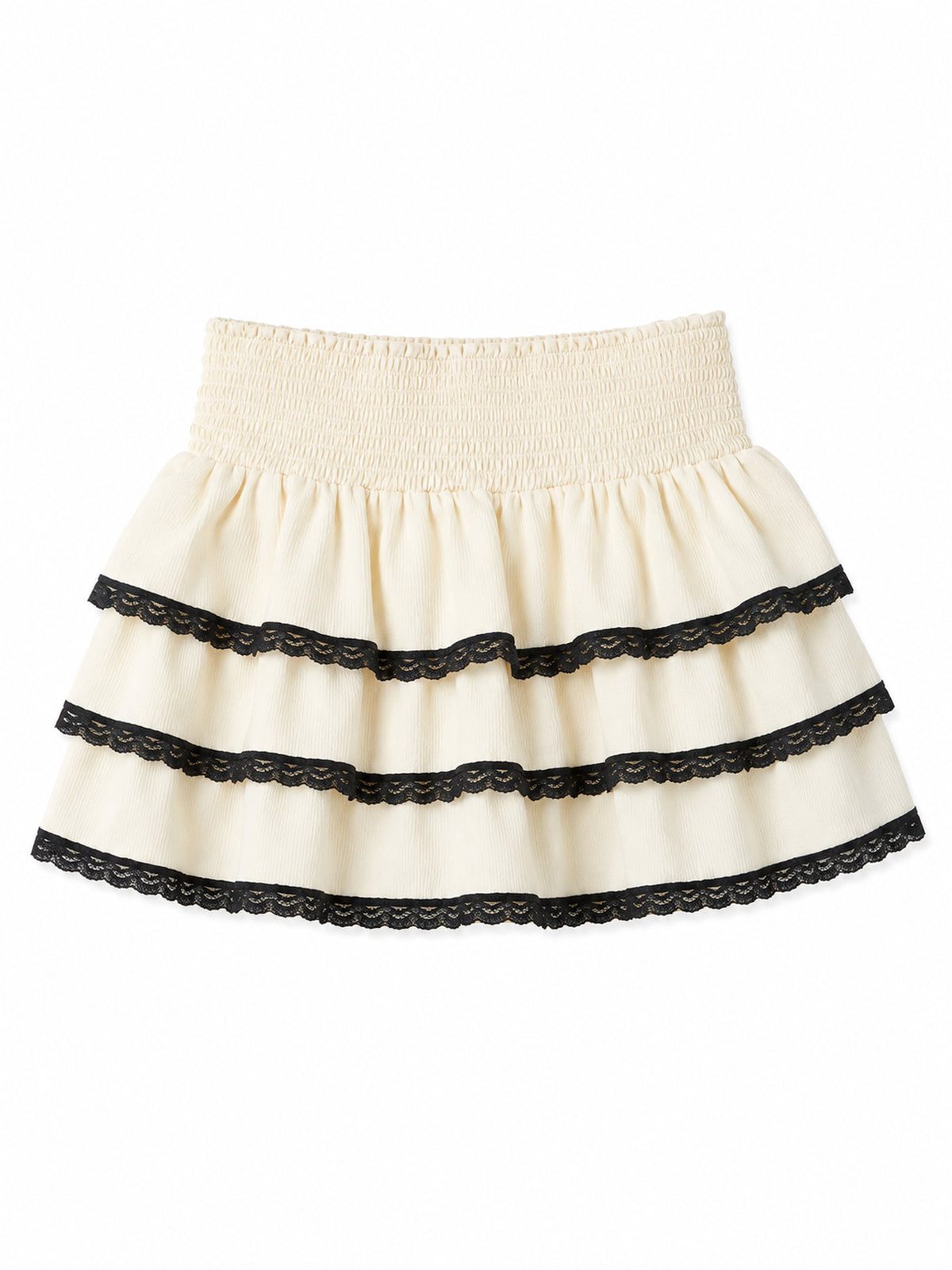 Gemma Champagne With Black Lace Satin Smocked Ruffle Mini Skirt