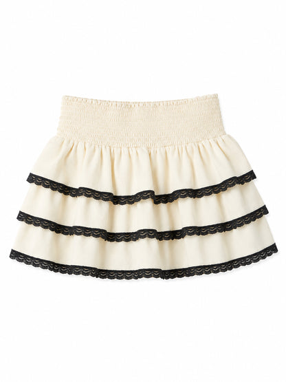 Gemma Champagne With Black Lace Satin Smocked Ruffle Mini Skirt