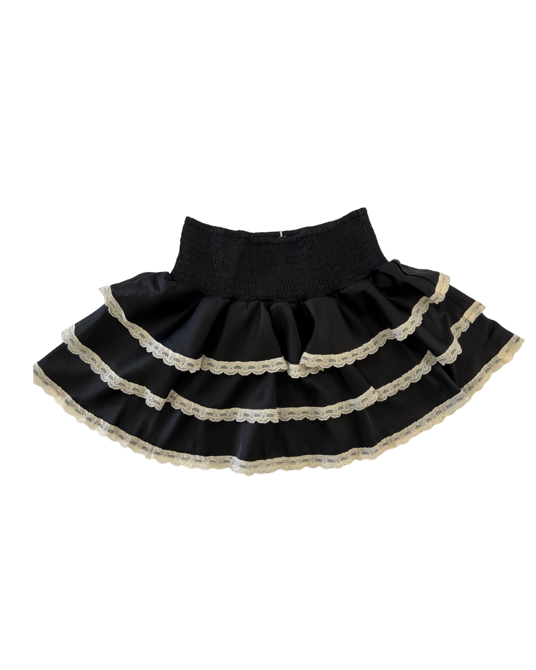 Gemma Black With Cream Lace Satin Smocked Ruffle Mini Skirt