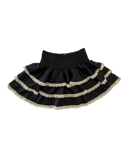 Gemma Black With Cream Lace Satin Smocked Ruffle Mini Skirt